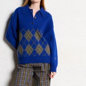 Blue Argyle Women's Sweater Cardigan